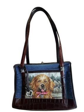 Brighton Golden Retriever Dog Needlepoint Blue Denim w/Brown Trim Shoulder Bag